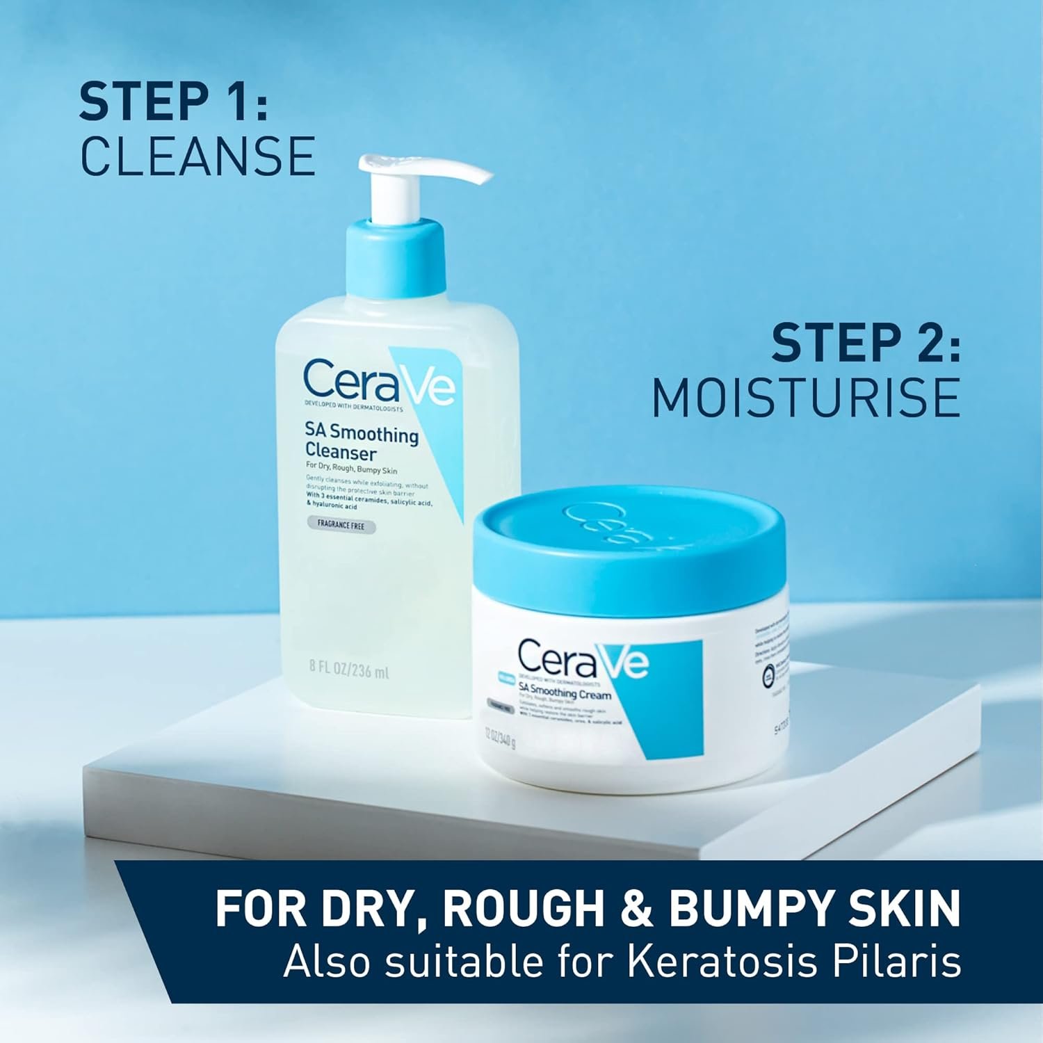 CeraVe SA Smoothing Routine: Cleanse and Moisturise Duo For Rough and Bumpy Skin, For use on Face and Body, Cleanser 236 ml and Cream 340 g - Image 2