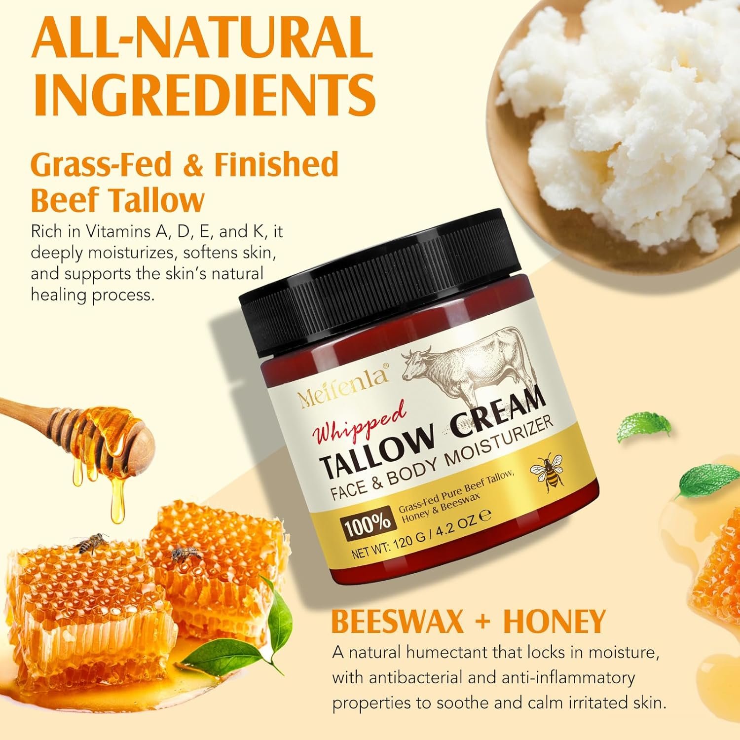 Beef Tallow for Skin,Meifenla Tallow and Honey Cream Natural Tallow Face Moisturizer, Organic Hydrating Beef Tallow Balm Deeply Moisturizing for Face & Body Skin Care - Image 3