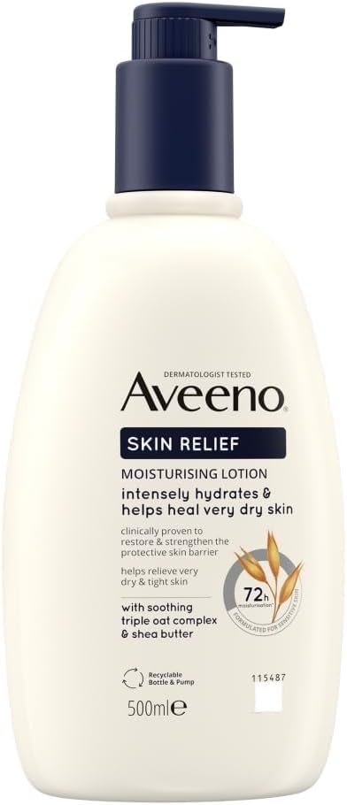 Aveeno Skin Relief Moisturising Lotion, With Soothing Triple Oat Complex & Shea Butter, Suitable For Sensitive Skin, 72-Hour Intense Hydration, Helps Relieve Very Dry and Tight Skin, Unscented, 500ml