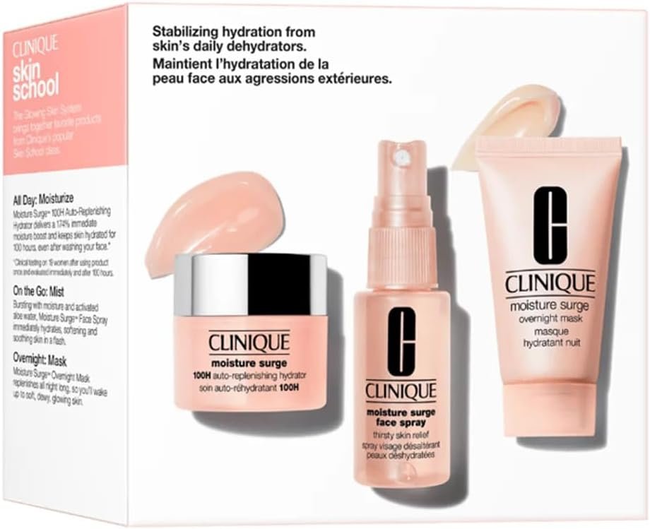 Clinique Moisture Surge Skincare Set, 100H Auto-Replenishing Hydrator 15 ml + Face Spray Thirsty Skin Relief 30 ml + Overnight Mask 30 ml