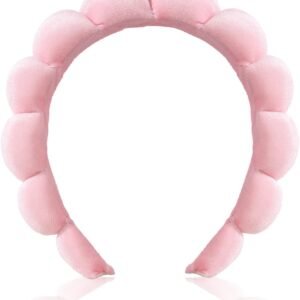 Ycfish Puffy Makeup Headband Spa Headbands for Women Sponge & Terry Towel Cloth Fabric Cute Skincare Headband for Face Washing, Makeup Removal, Shower, Facial Mask (Pink)