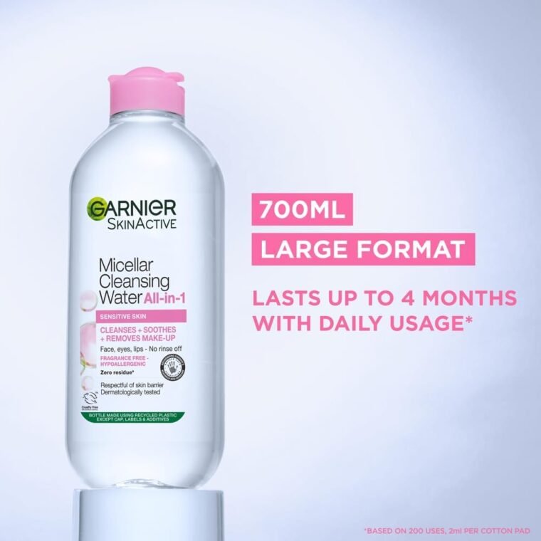 Garnier Micellar Cleansing Water, Gentle face Cleanser & Makeup Remover, Fragrance-Free, Vegan Formula, Suitable For All Skin Types, Even Sensitive, Skin Active, 700ml - Image 5