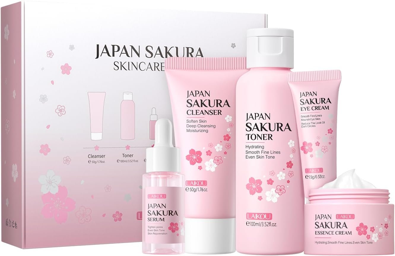 LAIKOU SkinCare Set, JAPAN Sakura Skin Care Sets & Kits - Cleanser,Toner,Face Serum,Eye Cream,Face Cream, Gift Set for Teenage Girls Women Mom Daughter Birthday, Travel Kit for All Skin Types, 5pcs