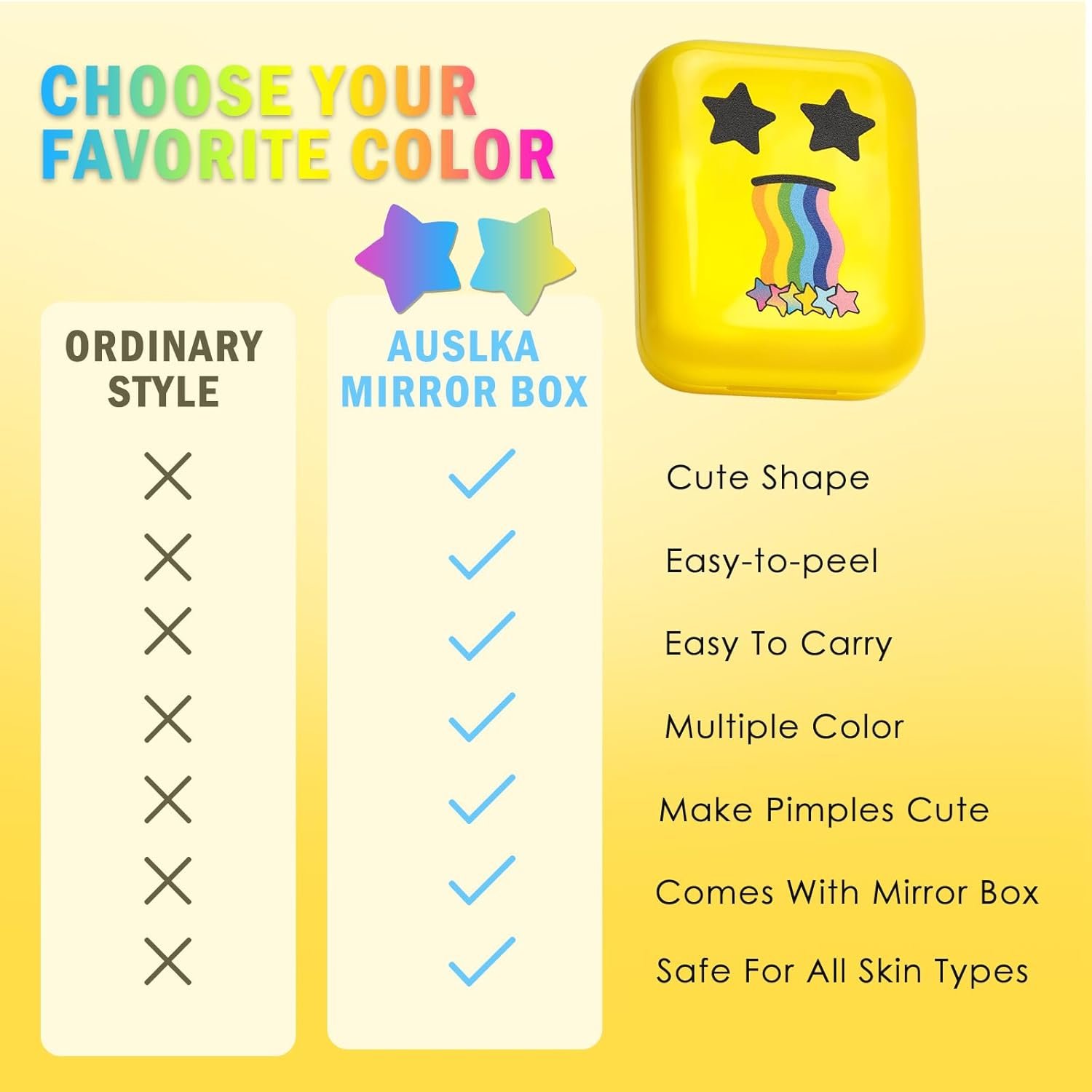 AUSLKA Star Pimple Patches - 150 Count - Hydrocolloid Patches,Cute Star Shape,Star Patches 6 Colors,Spot Stickers For Face And Skin,Portable Mirror - Image 2