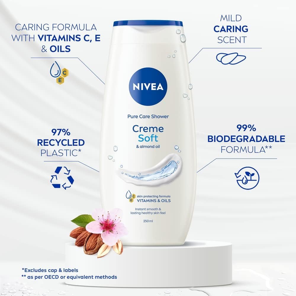 NIVEA Care Shower Creme Soft (250 ml) Enriched with Almond Oil, Moisturising Gel Body Wash, Skin Moisturiser with Mild Scent - Image 2