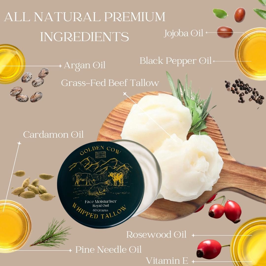 Beef Tallow Whipped Balm – Grass Fed Beef Tallow Face Cream & Moisturiser - Oud Scented 60g Golden Cow Hydrating Whipped Balm for Dry Skin - Natural Skin care for Face & Body by Forticare - Image 2