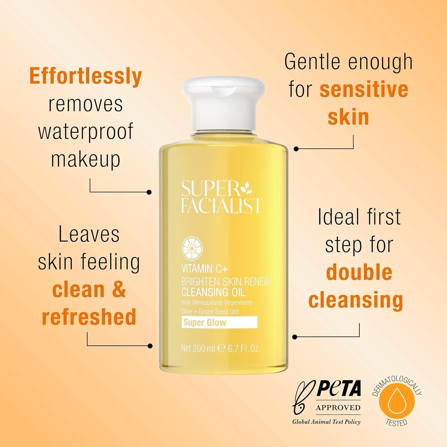 Super Facialist - Vitamin C + Brighten Skin Renew Cleansing Oil, Face Cleanser for Dissolving Makeup & Remove Daily Impurities, Contains Olive Oil, Vegan Friendly, 200ml (Cleansing Oil) - Image 2