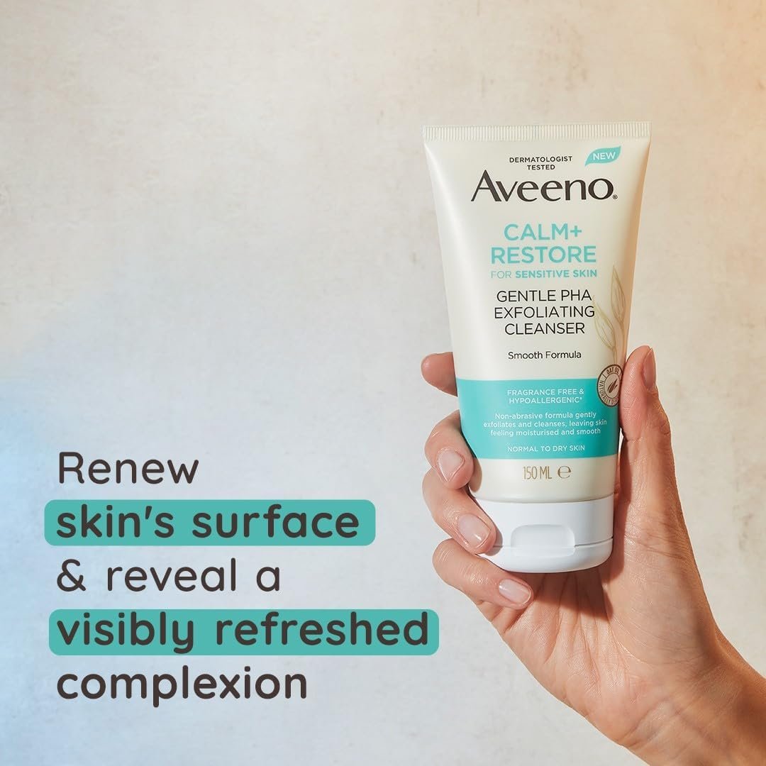 Aveeno Face Calm+Restore Gentle PHA Exfoliating Cleanser (1x 150ml), With Oat Oil and Naturally Derived PHA, Face Cleanser for Sensitive Skin, Exfoliator Gentle Enough for Daily Use - Image 6