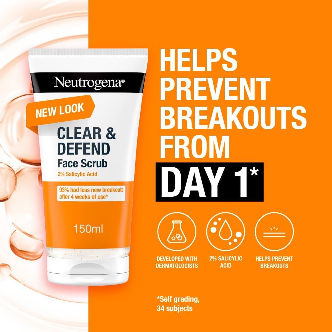 Neutrogena Clear & Defend Facial Scrub (1x 150ml), Oil-Free Face Scrub Suitable for Oily and Spot-Prone Skin, Facial Exfoliator with 2% Salicylic Acid Clinically Proven to Defend Against Breakouts - Image 2