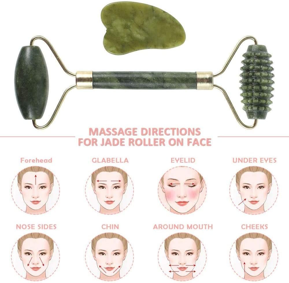 【3 PCS】Jade Roller & Gua Sha Massage Kits, LauCentral Natural Anti-Aging Face Roller for Eye Puffiness Treatment, Skin Tightening, Rejuvenate Face & Neck, Natural Green Massager - Image 4