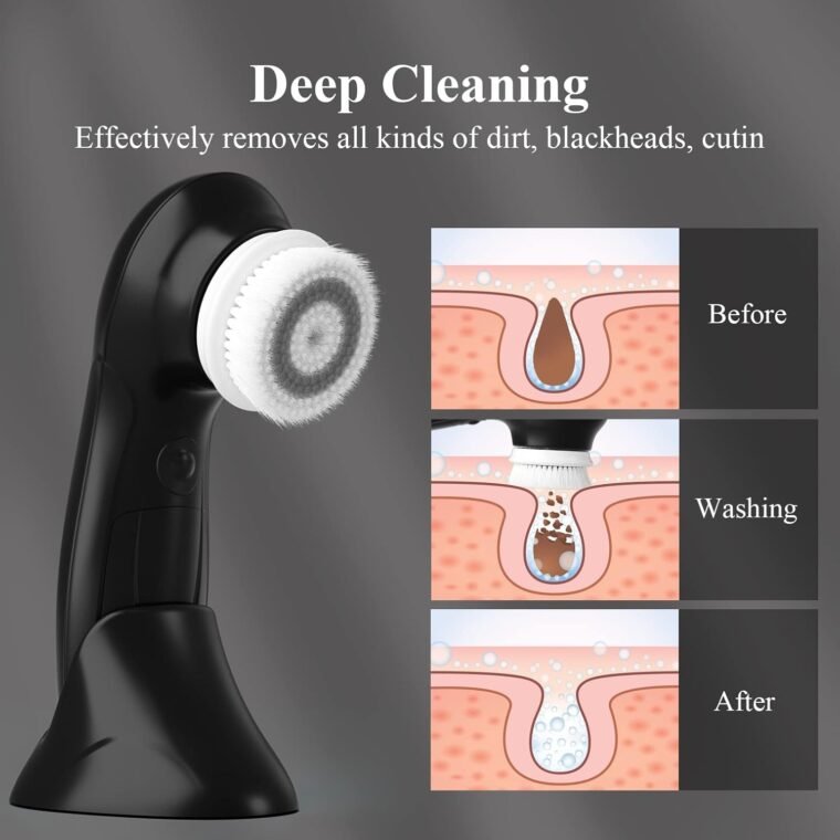 TOUCHBeauty Facial Cleansing Brush for Men, Face Cleansing Brush Electric with Stand, 3 Brush Heads, 2 Speeds, IPX5 Waterproof, Battery-Powered, Suitable for All Skin Types, AG-0759M - Image 3