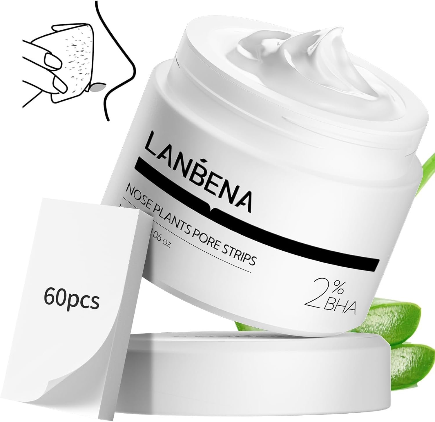 LANBENA Blackhead Mask (30g), 60 Pieces Nose Pore Strips, Note: Cream Goes Dry out/Gunk below 25 Degrees, Place Bottle in Boiling Water to Soften