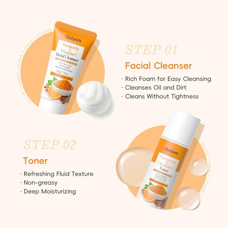 Quiyum Turmeric Vitamin C Skincare Set, Face Skin Care Sets & Kits Facial Cleanser,Toner,Serum,Eye Cream,Face Cream, Pamper Gift Set for Women Teenage Girls Mom Birthday, Travel Kit for All Skin Types - Image 4