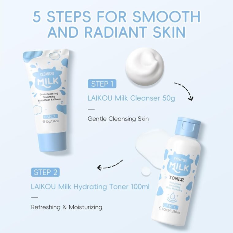 LAIKOU Milk Skincare Set, Nourishing Skin Care Sets & Kits Cleanser, Toner, Serum, Eye Cream & Moisturizer, Pamper Gift Set for Teenage Girls Women, Birthday Christmas Gift, Travel Sized, 5PCS - Image 8
