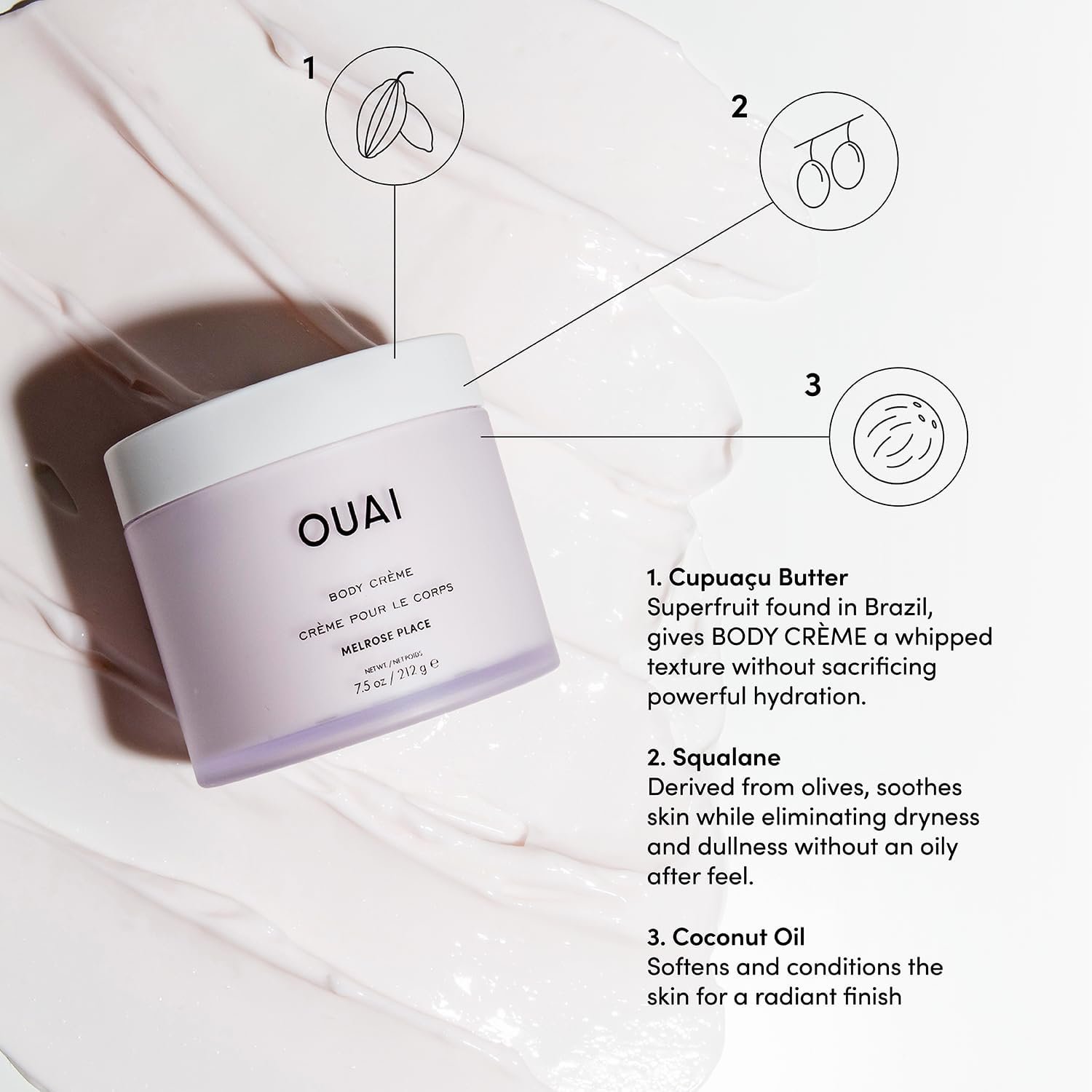 OUAI Body Cream, Melrose Place - Hydrating Whipped Body Cream with Cupuaçu Butter, Coconut Oil and Squalane - Softens Skin and Delivers Healthy-Looking Glow - Sulfate Free Skin Care (7.5 Oz) - Image 3