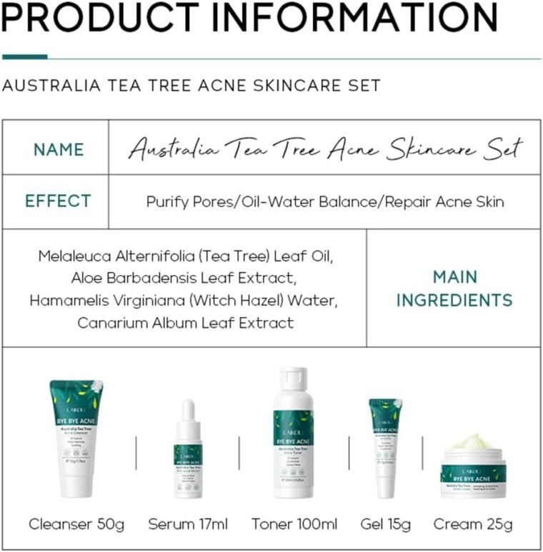 LAIKOU Tea Tree Acne Skincare Set, Facial Skin Care Sets & Kit with Cleanser, Toner, Serum, Cream, Gel, Acne Treatment Remove Shrink Pores Control Oil Gift for Teenage Girls Women All Skin - Image 9
