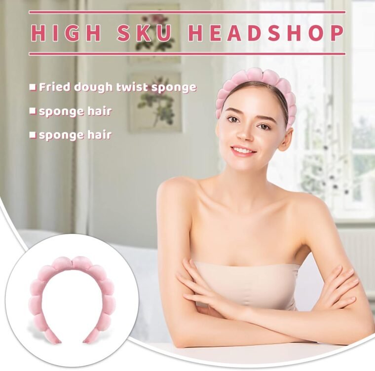 Ycfish Puffy Makeup Headband Spa Headbands for Women Sponge & Terry Towel Cloth Fabric Cute Skincare Headband for Face Washing, Makeup Removal, Shower, Facial Mask (Pink) - Image 2