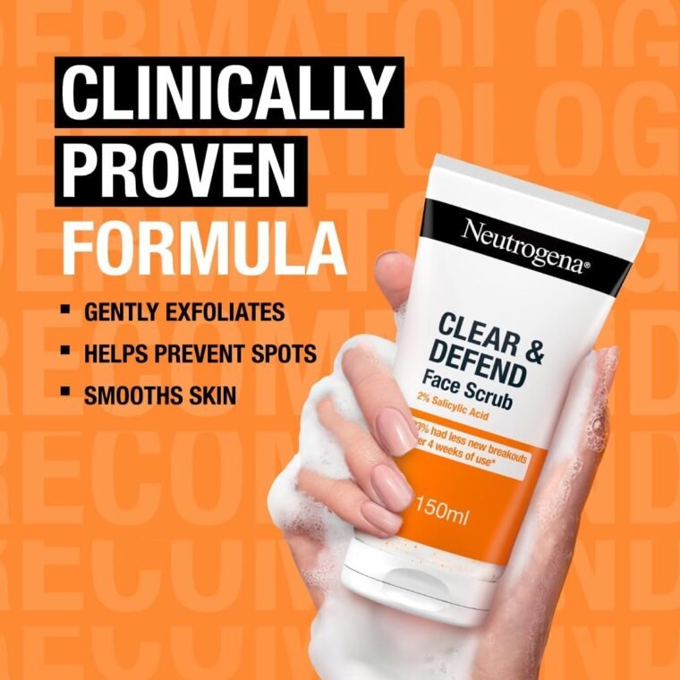 Neutrogena Clear & Defend Facial Scrub (1x 150ml), Oil-Free Face Scrub Suitable for Oily and Spot-Prone Skin, Facial Exfoliator with 2% Salicylic Acid Clinically Proven to Defend Against Breakouts - Image 4
