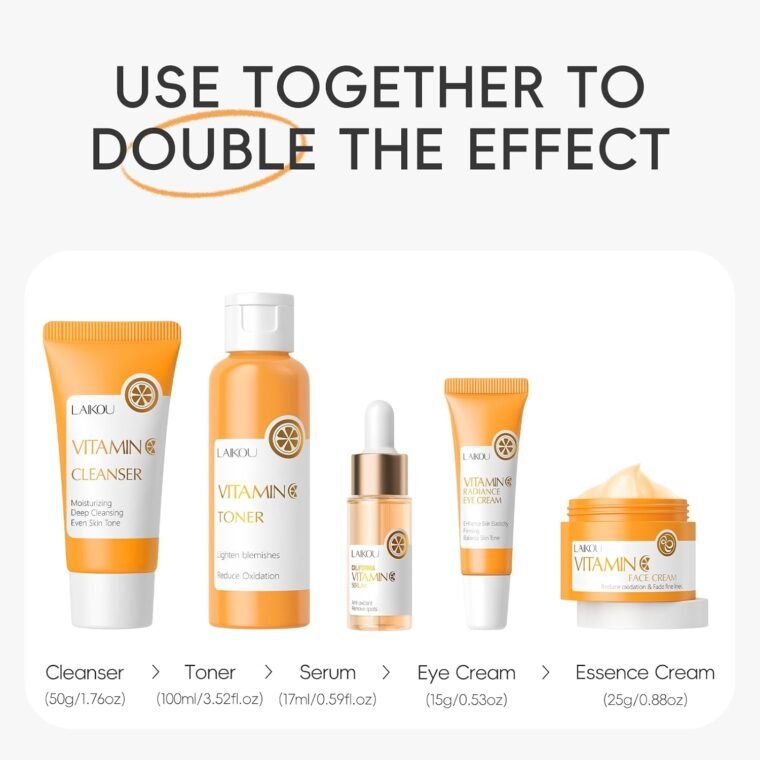 LAIKOU Skincare Set, Vitamin C Serum for Face Skin Care Sets & Kits - Cleanser, Toner, Serum, Eye Cream & Face Cream, Facial Care Kit for Radiant Skin, Anti Aging Gift Set for Women Teenage Girls 5pcs - Image 3