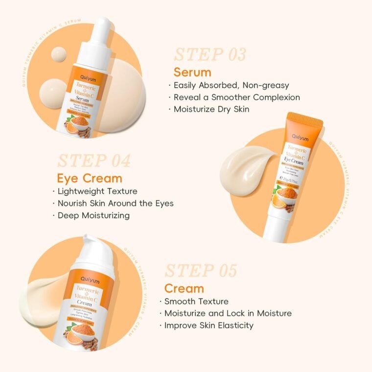 Quiyum Turmeric Vitamin C Skincare Set, Face Skin Care Sets & Kits Facial Cleanser,Toner,Serum,Eye Cream,Face Cream, Pamper Gift Set for Women Teenage Girls Mom Birthday, Travel Kit for All Skin Types - Image 5