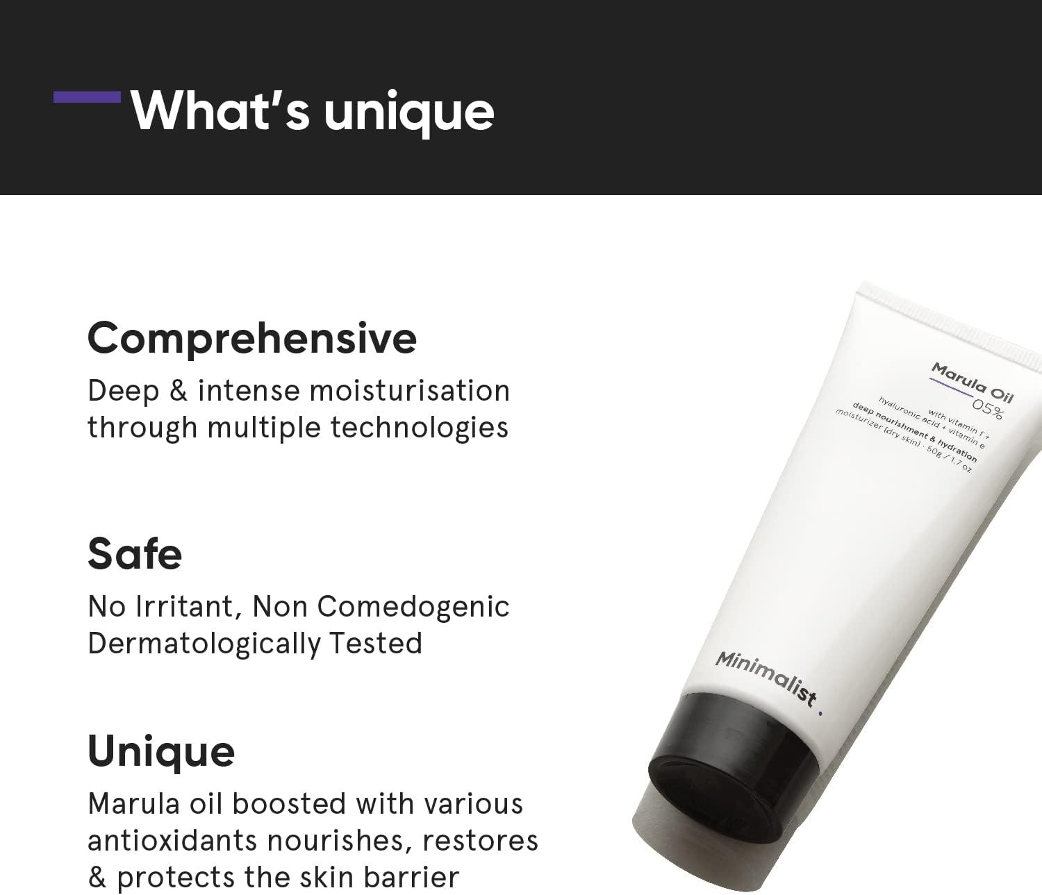 Minimalist Marula Oil 5% Face Moisturizer For Dry Skin With Hyaluronic Acid For Deep Nourishment & Hydration, For Men & Women, 50 g (Pack of 1) - Image 3