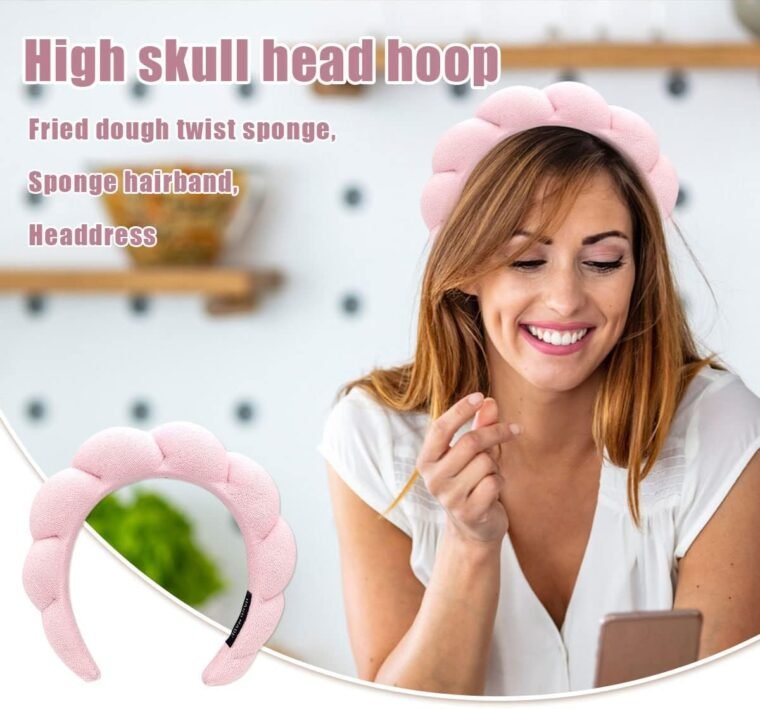 Ycfish Puffy Makeup Headband Spa Headbands for Women Sponge & Terry Towel Cloth Fabric Cute Skincare Headband for Face Washing, Makeup Removal, Shower, Facial Mask (Pink) - Image 5