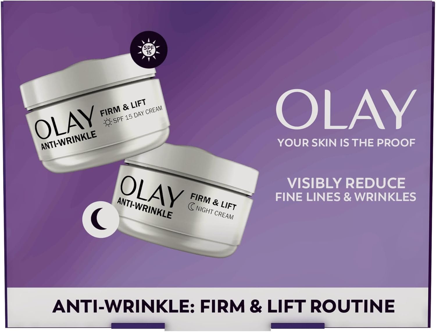 Olay Anti-Wrinkle Firm & Lift Giftset: SPF15 Day Face Cream 50ml + Night Cream Moisturiser 50ml, Anti-Ageing Skin Care