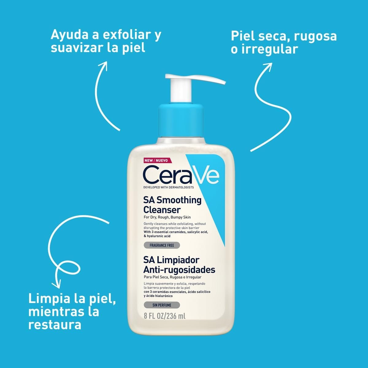 CeraVe SA Smoothing Cleanser with Salicylic Acid for Dry, Rough & Bumpy Skin 236ml - Image 4