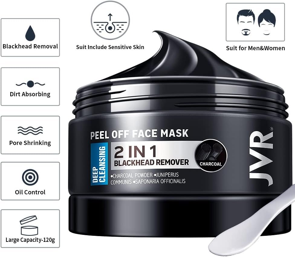 JVR Blackhead Remover Mask for Men, Bamboo Charcoal Peel Off Black Masks, Purifying Pores, Deep Cleansing for All Skin Types 120g - Image 2