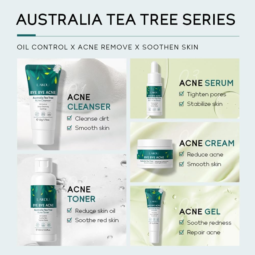 LAIKOU Tea Tree Acne Skincare Set, Facial Skin Care Sets & Kit with Cleanser, Toner, Serum, Cream, Gel, Acne Treatment Remove Shrink Pores Control Oil Gift for Teenage Girls Women All Skin - Image 7