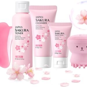 Skincare Set For Teenage Girls Gifts,Sakura Face Care Gift Set,Beauty Skin Care Sets&Kits for Women,Pamper Set Teen Girl Gifts, Toner, Cleanser, Cream,Facial Cleansing Brush, Face Guasha Tool