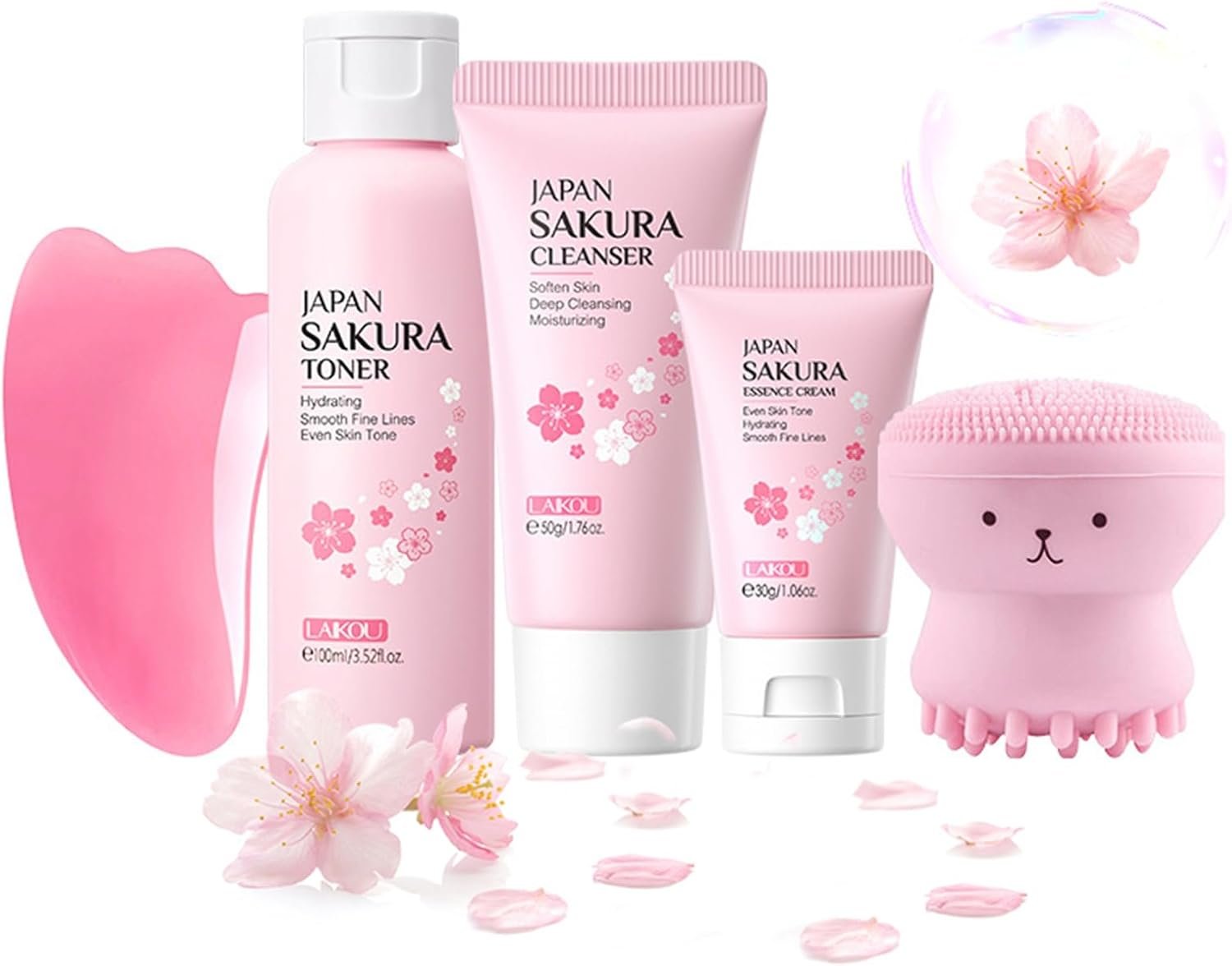Skincare Set For Teenage Girls Gifts,Sakura Face Care Gift Set,Beauty Skin Care Sets&Kits for Women,Pamper Set Teen Girl Gifts, Toner, Cleanser, Cream,Facial Cleansing Brush, Face Guasha Tool
