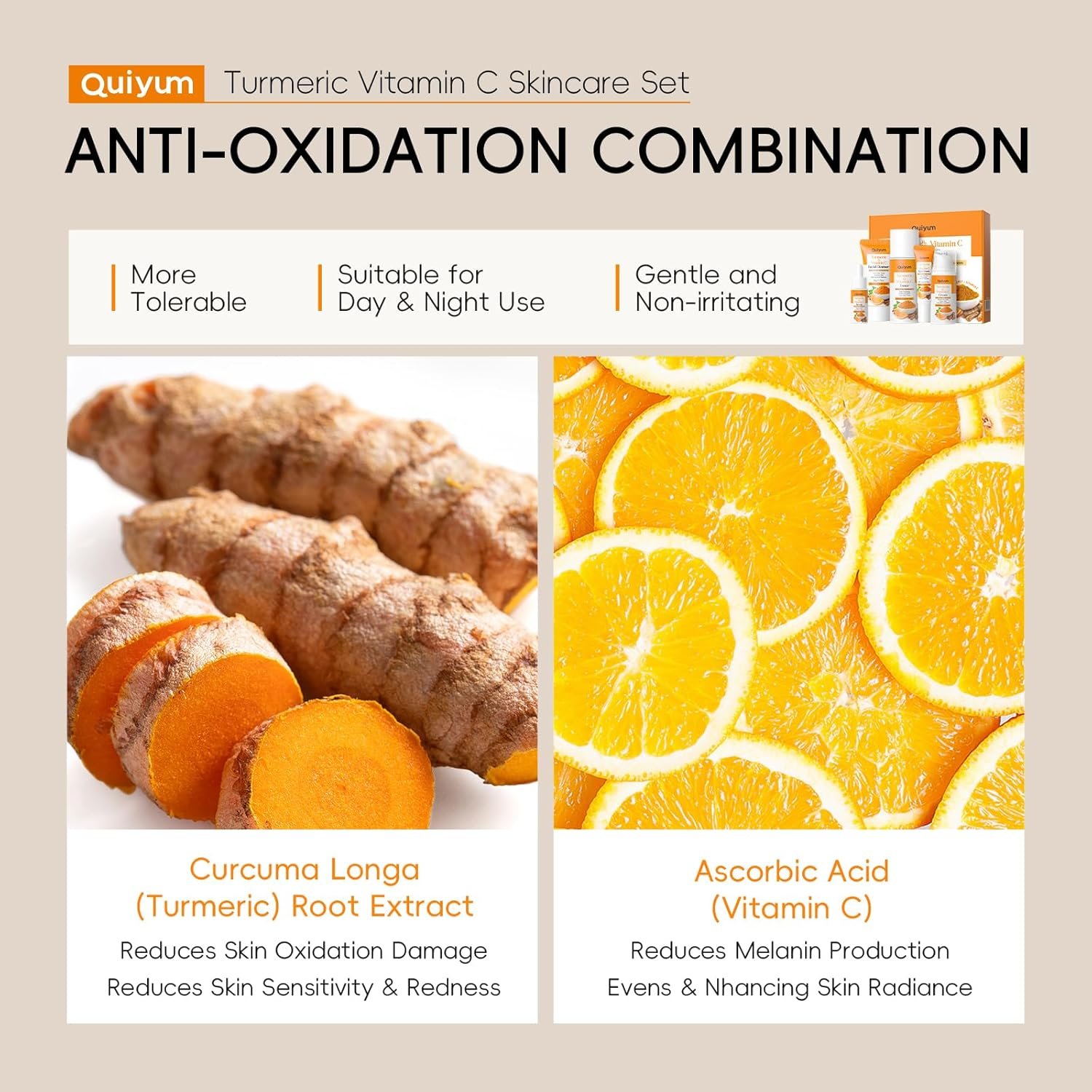 Quiyum Turmeric Vitamin C Skincare Set, Face Skin Care Sets & Kits Facial Cleanser,Toner,Serum,Eye Cream,Face Cream, Pamper Gift Set for Women Teenage Girls Mom Birthday, Travel Kit for All Skin Types - Image 6