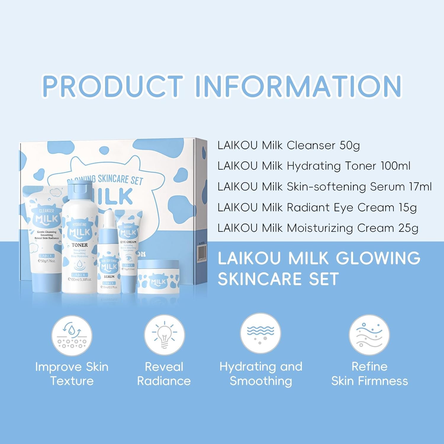 LAIKOU Milk Skincare Set, Nourishing Skin Care Sets & Kits Cleanser, Toner, Serum, Eye Cream & Moisturizer, Pamper Gift Set for Teenage Girls Women, Birthday Christmas Gift, Travel Sized, 5PCS - Image 2