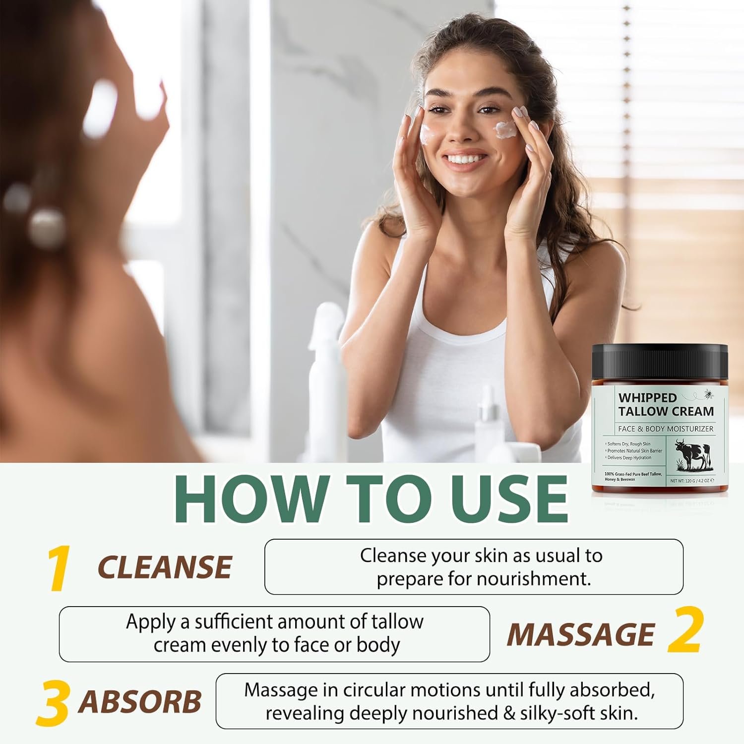 Whipped Beef Tallow Balm, Organic Beef Tallow for Skin, 100% Grass Fed Whipped Beef Tallow with Honey, Beef Tallow Skin Care for Face Long-Lasting Moisturizer Body Lotion Skin Care for Sensitive Skin - Image 6