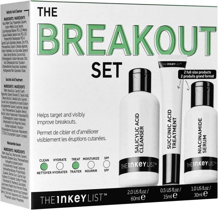 The INKEY List Breakout Set, Salicylic Acid Cleanser, Niacinamide Serum & Succinic Acid Treatment, Nourishing Skincare Set, Targets Breakouts, Suitable For Blemish Prone Skin