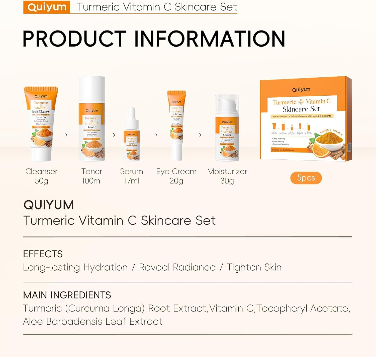 Quiyum Turmeric Vitamin C Skincare Set, Face Skin Care Sets & Kits Facial Cleanser,Toner,Serum,Eye Cream,Face Cream, Pamper Gift Set for Women Teenage Girls Mom Birthday, Travel Kit for All Skin Types - Image 8