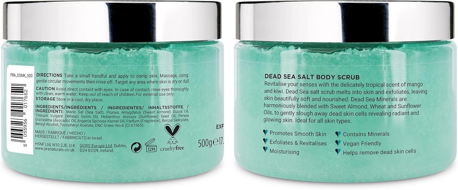 PraNaturals Dead Sea Salt Body Scrub 500G – Hydrating & Moisturising, Natural Oils & Minerals, Exfoliating, Softening & Nourishing, All Skin Types, No Parabens, Vegan & Cruelty Free (Mango & Kiwi) - Image 9