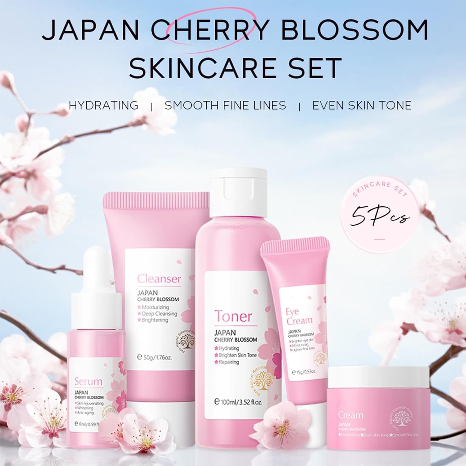 Skin Care Set JAPAN Sakura Beauty Gift Sets Skin Care Kit for Teenage Girls - Cleanser, Toner, Lotion, Serum, Eye Cream, Face Cream, Travel Kit for Women (5pcs) - Image 5