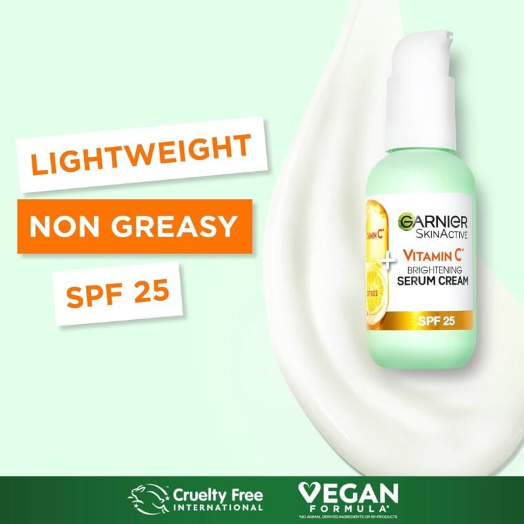 Garnier Vitamin C Serum Cream, 2in1 Formula With 20% Vitamin C serum & SPF 25 Moisturiser, Hydrate & Reveal Bright Glowing Skin, Organic & Vegan Formula, 50ml - Image 2
