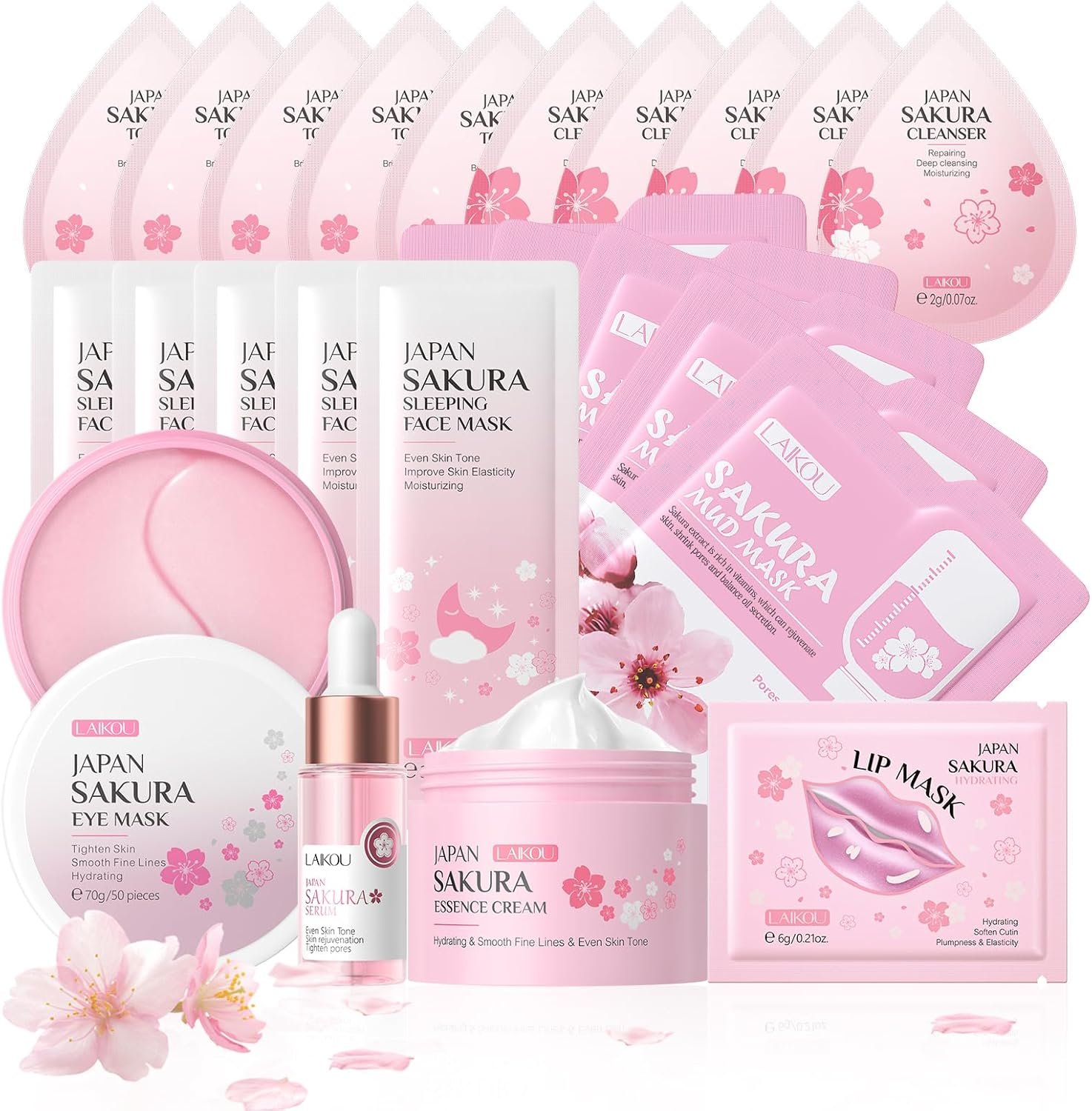 LAIKOU Skin Care for Teenage Girls, Sakura Skincare Set, Pamper Sets for Women Gifts, Facial Skin Care Sets & Kits - Toner,Cleanser,Face Serum,Cream,Sleep Mask,Eye Mask,Mud Mask,Lip Mask, 24PCS
