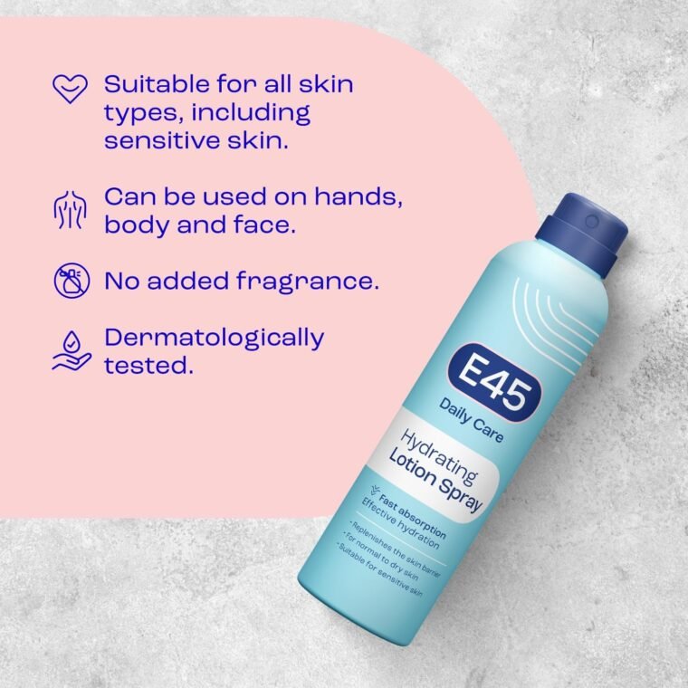 E45 Hydrating Lotion Spray 200ml Normal to Dry Skin - Fast Absorbing Moisturiser for Soft Skin and Lasting Hydration - Daily Lotion for Dry Sensitive Skin – Suitable for Eczema Prone Skin - Image 5