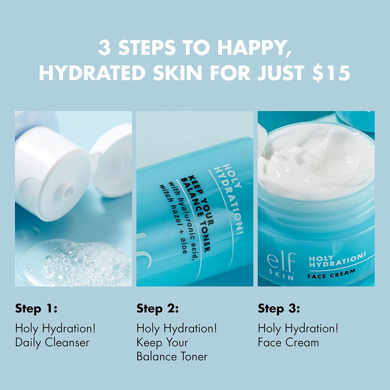 e.l.f. SKIN Holy Hydration! The Essentials Mini Kit, Cleanser, Toner & Moisturiser For Hydrated & Balanced Skin. - Image 2