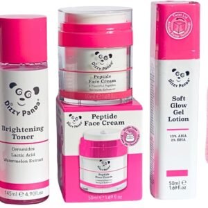 Dizzy Panda Complete Skincare Bundle with ShopZee Exfoliating Bath Gloves - Crystal Glow Cleanser 100ml, Brightening Toner 145ml, Peptide Face Cream 50ml, Soft Glow Gel Lotion 50ml (Skincare Set)