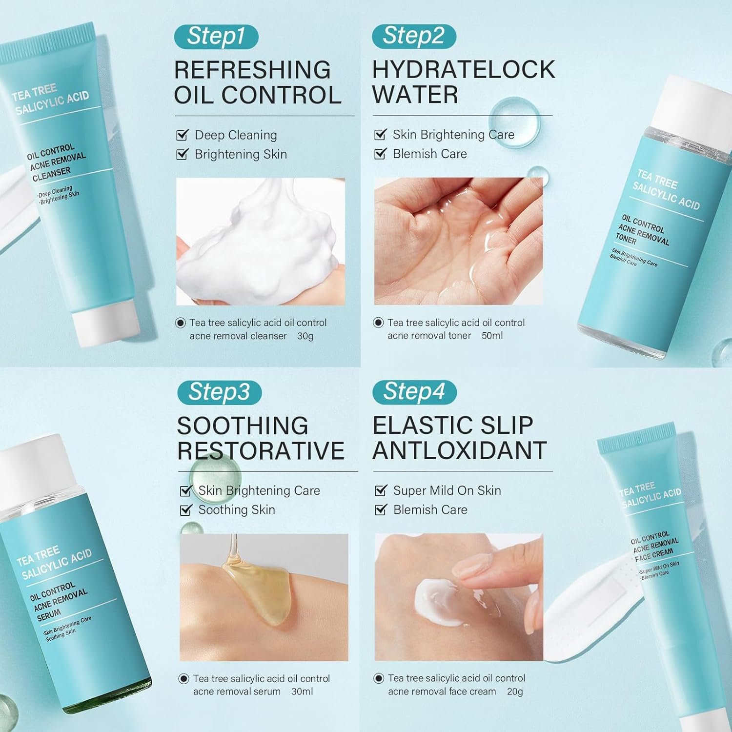 Tea Tree Acne Skin Care Sets & Kits - Salicylic Acid Acne Removal Skincare Set - Teen Skincare Gift Set With Cleanser, Toner, Serum, Cream - Complete Acne Treatment Kit for Oily, Acne-Prone Skin - Image 4