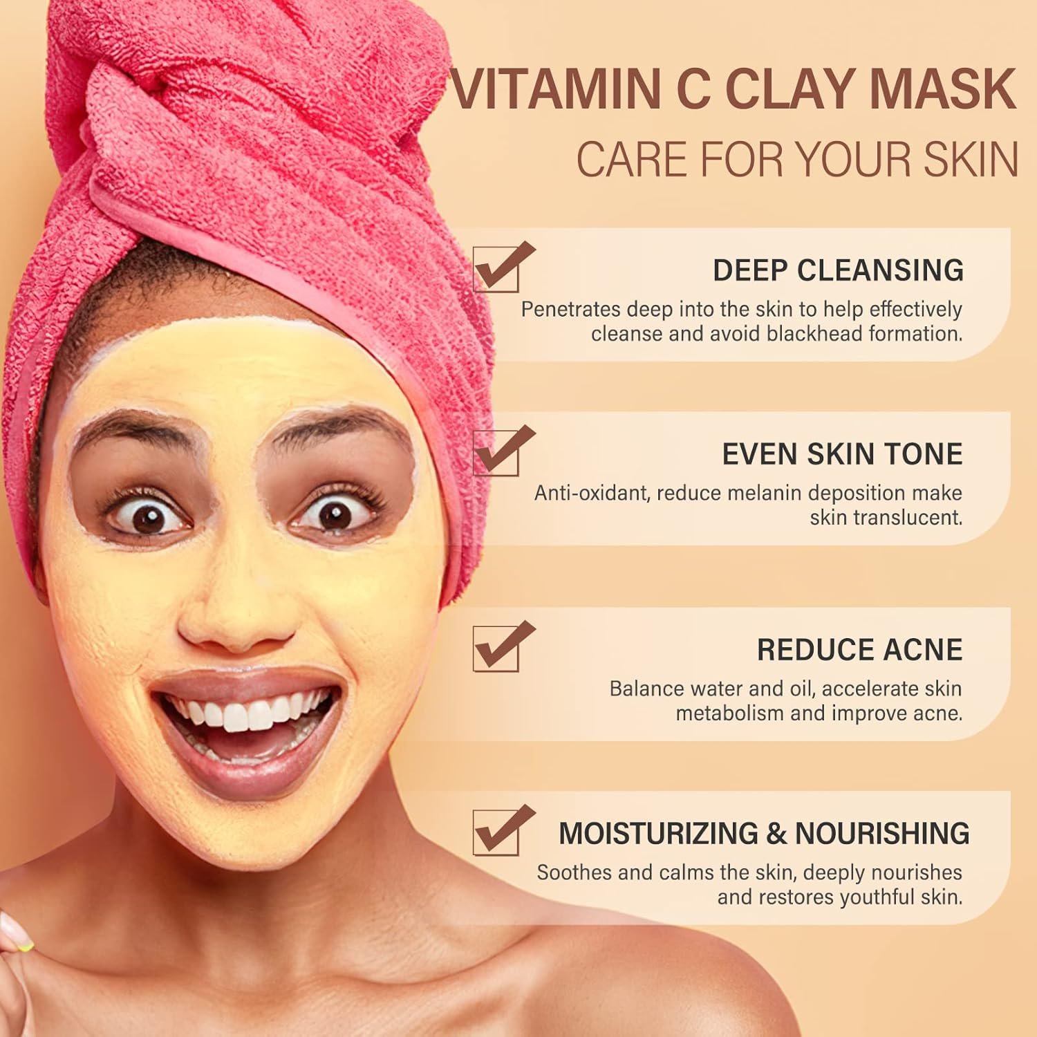 Turmeric Vitamin C Clay Mask Deep Cleansing Face Mask Skin Care Improve Blackheads Acne Dark Spots and Even out skin tone Facial Mask Control Oil and Refining Pores - Image 2