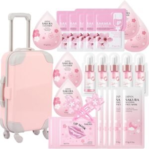 Skin Care Set For Teenagers Girls with Cute Mini Luggage,Sakura Skin Care Sets & Kits,Pamper Sets For Girls Gifts,Skincare Set,Serum,Cleanser,Sleep,Mud Mask,Lip Mask,Hair Pins (One Size, Sakura)