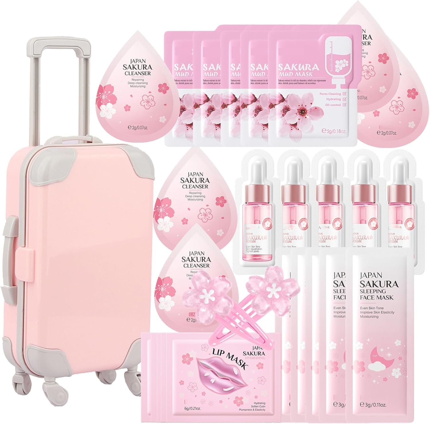 Skin Care Set For Teenagers Girls with Cute Mini Luggage,Sakura Skin Care Sets & Kits,Pamper Sets For Girls Gifts,Skincare Set,Serum,Cleanser,Sleep,Mud Mask,Lip Mask,Hair Pins (One Size, Sakura)