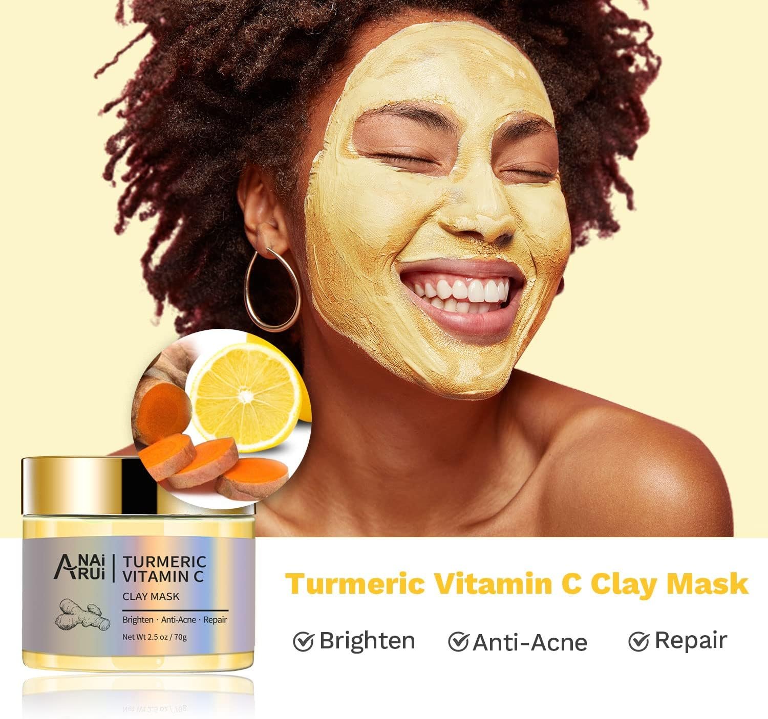 ANAiRUi Clay Mask Set for Skin Care - included Turmeric Vitamin C + Rose + Avocado Green Tea Face Mask - Deep Cleansing, Hydrating, and Nourishing - For Women and Men, 210g - Image 3