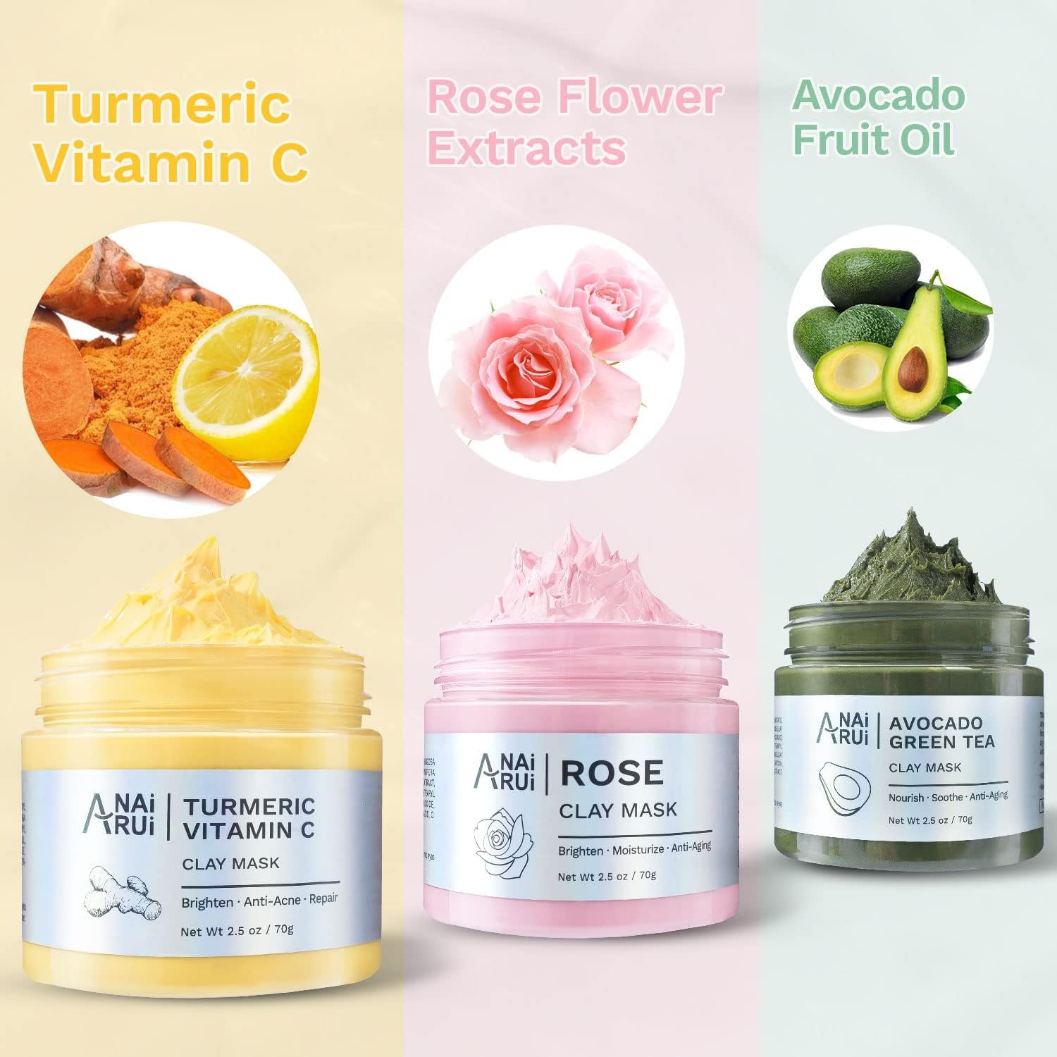 ANAiRUi Clay Mask Set for Skin Care - included Turmeric Vitamin C + Rose + Avocado Green Tea Face Mask - Deep Cleansing, Hydrating, and Nourishing - For Women and Men, 210g - Image 2